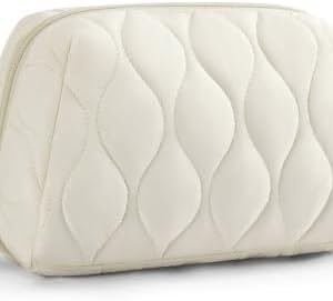 BAGSMART Makeup Bag, Travel Cosmetic Bag, Puffy Padded Make Up Bag for Women, Makeup Organizer Case, Wide-open Pouch Purse, Travel Essentials, Toiletries Accessories Brushes, Beige
